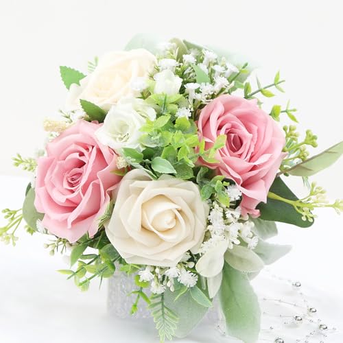 Pink Bridesmaids Bouquets Set of 6 - 7 Inch Artificial Flowers Bridesmaid Bouquet for Wedding Pre-Made Rustic Rose Small Floral Bouquets for Bridal Shower Marriage Proposal Party Anniversary Decor - color: Green & Blush Pink, size: 6pcs