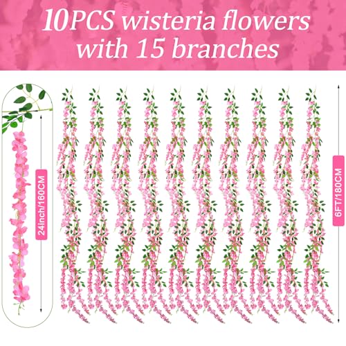 150 Branches Wisteria Hanging Flowers,10Pcs Total 60ft Pink Wisteria Artificial Flowers Garland Vine Silk Hanging Flowers for Wedding Party Arch Ceremony Garden Home Backdrop Decor - color: Pink, size: 10