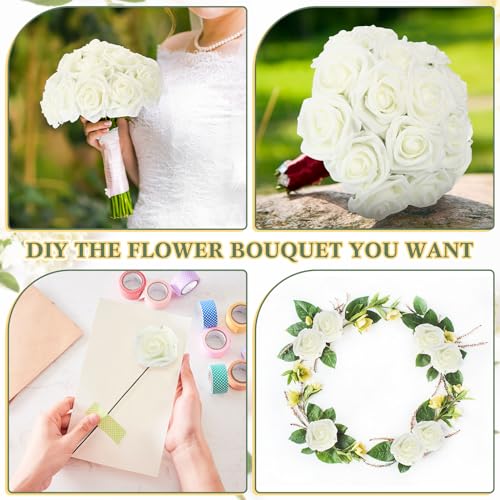 Tigeen 200 Pack White Artificial Roses Flowers Bulk with Stems Artificial Foam Rose Real Looking Fake Flower for DIY Wedding Bouquets Bridal Shower Centerpieces Floral Arrangements Home Decoration - color: White