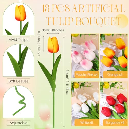 Uiifan 19 Pcs Spring Easter Centerpieces for Tables Home Office Decoration 18 Fake Artificial Tulip Flower Faux Realistic PU Bouquet with 1 Metal Pot Vase for Wedding Baby Shower(Elegant Color) - color: Elegant Color