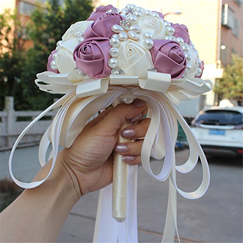 USIX Handcraft Popular Satin Rose Rhinestone Brooch Flower Pearl Bridal Holding Wedding Bouquet Wedding Flower Arrangements Bridesmaid Bouquet(Light Purple+Ivory) - color: Light Purple+ivory