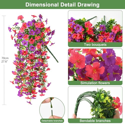 Artificial Fake Flowers Plants for Outdoor Spring Summer Decoration,2 PCS Faux Silk Morning Glory with Eucalyptus Leaves,UV Resistant Realistic Outdoor Flowers for Balcony Porch Patio Yard Garden - color: Orchid Rose Red