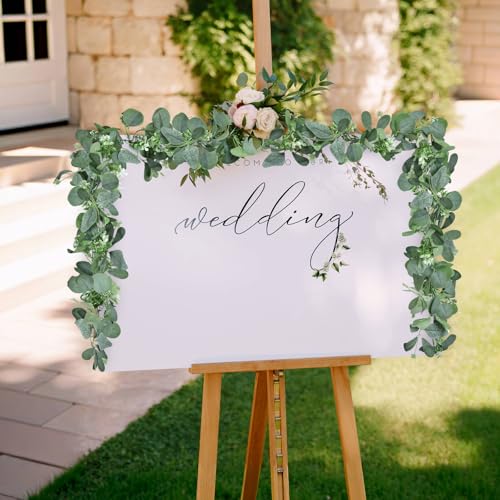 6.2ft Artificial Eucalyptus Garland with Butterfly Leaves and White Flowers – Full Faux Greenery Vine for Wedding Arch, Fireplace Mantel, Table Centerpiece, Party and Home Decor - color: Green