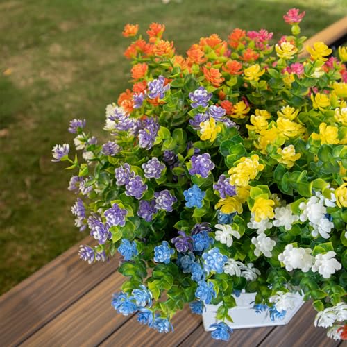 Fall Artificial Flowers for Outdoors, 12 Bundles UV Resistant Fall Flowers Outdoor, Not-Fading Plastic Faux Fall Flowers for Outdoor Planters for Home Garden Porch Yard Decor, Mixed Color - color: Orange+purple+pink+blue+white+yellow