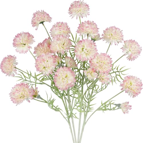 CISDUEO 4 Pcs Artificial Wildflowers Bulk Spring Decor Pink Fake Silk Flowers Mums with Long Stems Faux Ball Chrysanthemum Flowers Arrangements for Wedding Bouquet Table Centerpiece Planter Outdoor - color: Pink-1
