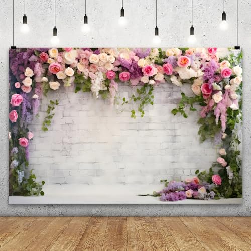 YongFoto Retro White Brick Wall Floral Arch Backdrop 8x6.5ft Rose Flowers Vine Leaves Photography Background Birthday Bridal Shower Wedding Party Banner Room Decor Portraits Photoshoot Wallpaper - size: 8ftx6.5ft