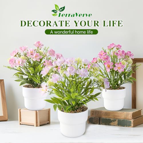3-Piece Artificial Table Plant ， Lifelike Indoor Plants for Home, Office, Bedroom, Bathroom Decor ，Rustic Farmhouse Style mini Potted plantsry - color: Pink/Red /Purple