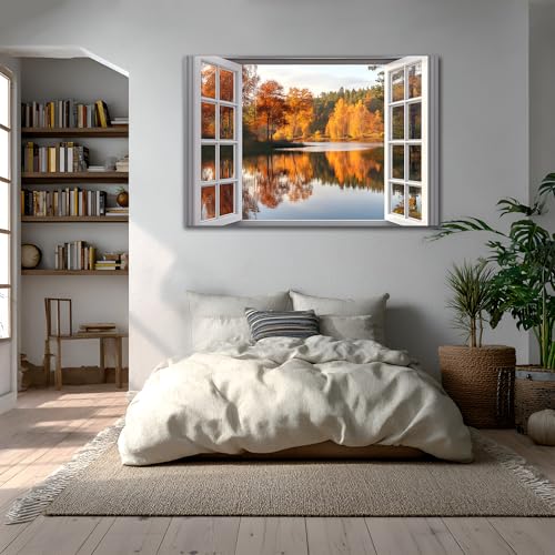 AMAZING WALL Autumn Lake Trees Peel and Stick Fake Window Stickers Perfect for Bedroom/Office/Kids' Room Wall Decor,Self-Adhesive Wall Decals,24x36in/2PCS - color: Autumn Lake, size: 24x36"/2pcs