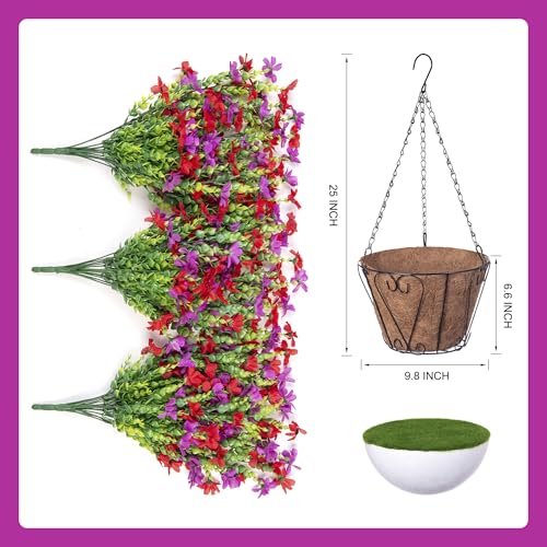 INXUGAO Artificial Hanging Flowers Plants with Basket for Outdoors, Realistic Faux Silk Daisy Flower Eucalyptus for Spring Decor, UV Resistant Fake Plants for Porch Patio Yard Balcony(Red Purple) - color: A-red Purple