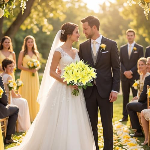 20Heads Yellow Fake Lily Artificial Flowers 4 Bundles Silk Lilies with Stems Easter Lily Faux Flowers for Wedding Party Home Table Decor Indoor Graves Arrangements (Yellow) - color: Yellow