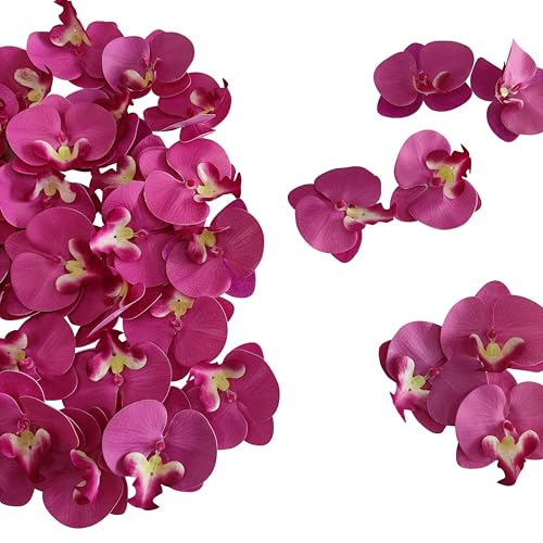 Fake Purple Orchids Artificial Flowers Heads, 3.5''Fake Orchid Heads for Wedding Floral Bouquet Decor DIY Craft Making Bridal Shower Photography Props (80, Rose red) - color: Rose Red