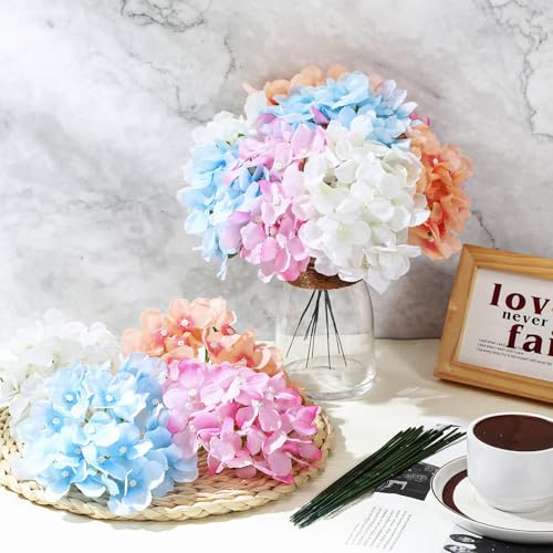 Giegxin 120 Pcs Artificial Hydrangea Flowers Bulk, Blue, Pink, White, Light Pink, Faux Silk Hydrangea Flower Heads with 120 Stems for Wedding Centerpieces, Home, Garden, Baby Shower, Party (4 Colors)