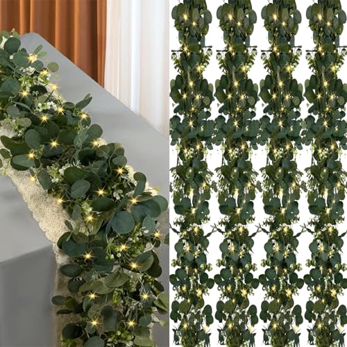 Eucalyptus Garland with Lights, 4 Packs 6FT Green Flower Garland Decor, Artificial Faux Eucalyptus Leaves Greenery Vines for Table Runner Wedding Centerpieces Backdrop Decorations (Warm Color)