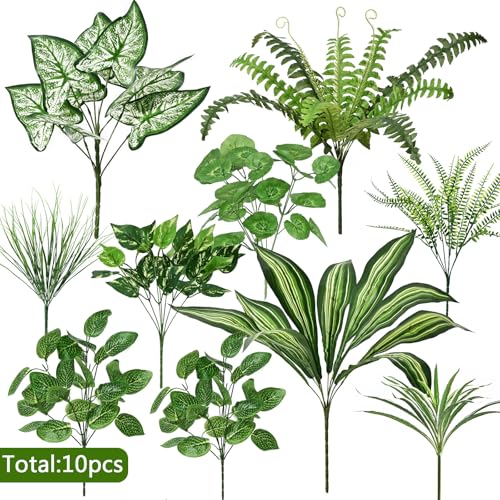 Waipfaru Artificial Plants Outdoor UV Resistant, Realistic Fake Plants Artificial Greenery, Large Bunches Faux Plants for Indoor Outdoor Porch Patio Garden Spring Summer Home Decor (Large 10pcs) - color: Greenery, size: 10 Bundles