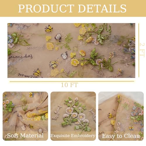 Champagne Floral Table Runner 10ft Embroidery Tulle Spring Wildflower Table Runner Seasonal Summer Butterfly Kitchen Dining Gauze Decoration for Baby Shower Wedding Party Birthday (1 Pcs) - color: Yellow