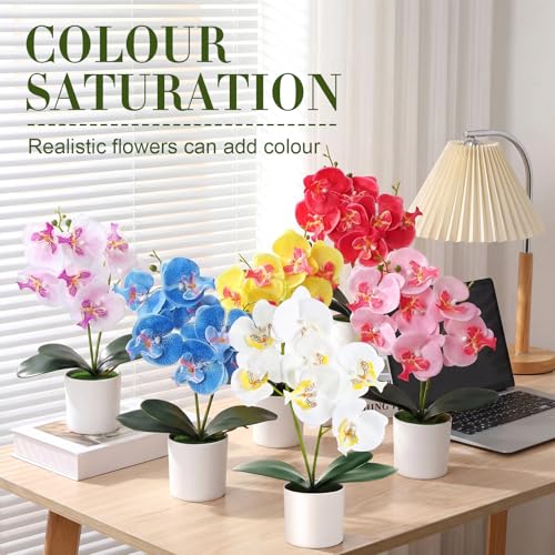 Thiccywoov 6 Pcs Fake Orchids Flowers in Pot 6 Colored Artificial Orchid Flowers with Plastic Vase Washable Silk Orchid Phalaenopsis Decor for Table Centerpiece Home Decor Office Wedding Party