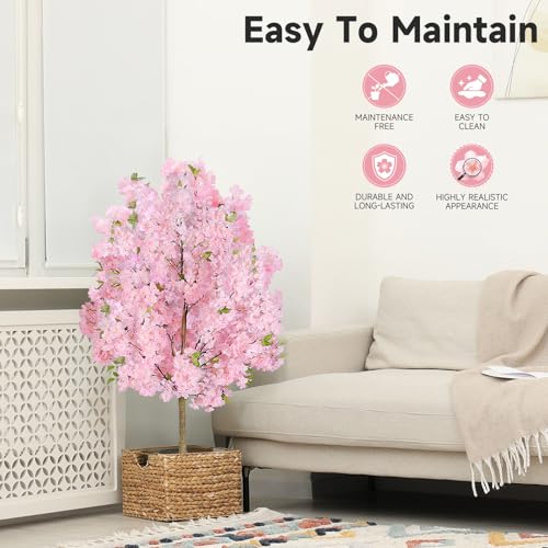 4FT Pink Artificial Cherry Blossom Tree, Realistic Potted Faux Cherry Tree, Silk Flower Fake Tree, Artificial Plants for Home Office Wedding Party Indoor Outdoor Front Door Decoration - size: 4FT