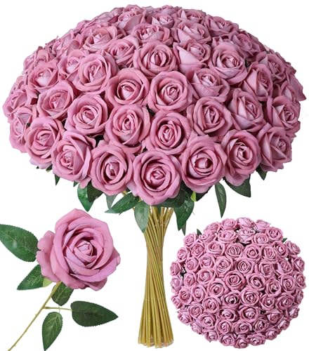 50 PCS Roses Artificial Flowers, Realistic Fake Roses with Long Stems Silk Flowers for DIY Wedding Bouquet Party Celebration Home Bridal Baby Shower Decoration Birthday Gift for Her Wife, Dusty Rose - color: Dusty Rose