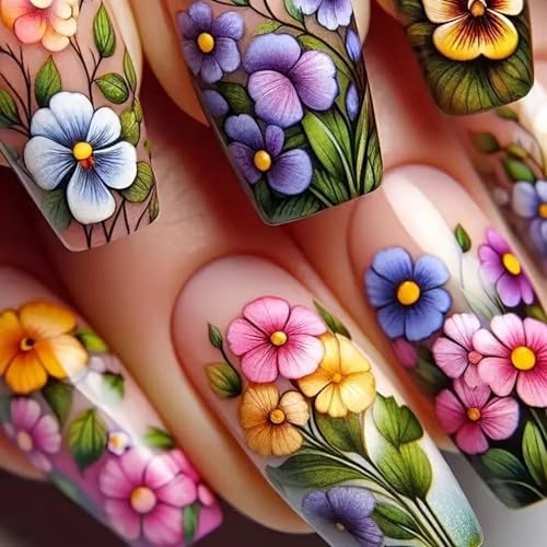 Flower Press on Nails Medium Square Fake Nails Colorful False Nails with Floral Designs Flowers Glossy Stick on Nails Full Cover Glue on Nails Spring Acrylic Nails for Women Girls 24 Pcs - color: Flower Square32