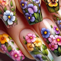 Flower Press on Nails Medium Square Fake Nails Colorful False Nails with Floral Designs Flowers Glossy Stick on Nails Full Cover Glue on Nails Spring Acrylic Nails for Women Girls 24 Pcs - color: Flower Square32