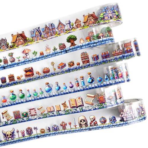 Pixel Adventure PET Tape Set with Clip, 6 Rolls Medieval Castle Potion Fantasy Decorative Tape for Scrapbook Journal Planner Collage DIY - color: Adventure Game