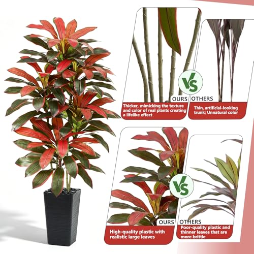 Artificial Red Dracaena Tree - 5FT Tall Fake Plants with Black Square Planter - Artificial Plants Indoor Floor Plant in Pot - Large Tropical Fake Yucca Potted Tree for Home Office Living Room Decor - color: Black-red Leaf, size: 5 FT