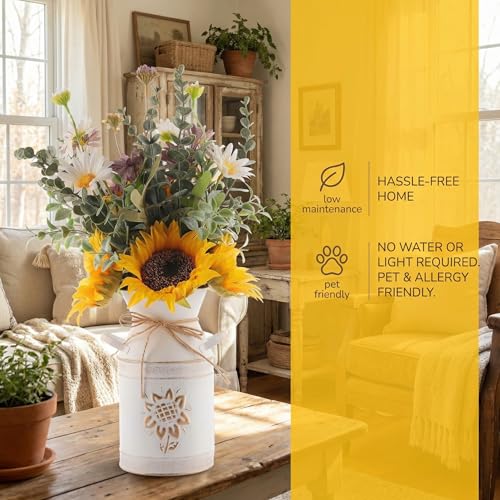 Fake Flowers in Vase,Sunflowers Artificial Flowers Silk Flower Arrangements with Metal Flower Vase Faux Flowers Sunflower Kitchen Decor Yellow Bathroom Decor Sunflower Gifts for Women (Yellow)