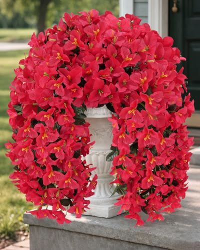 Artificial Flowers for Outdoors – 2 Bundles of UV-Resistant Artificial Bougainvillea, Realistic Silk Flowers for Front Porch, Patio, Garden, Window Boxes & Hanging Baskets (Red,2) - color: Red, size: 2 Bundles