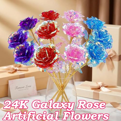Wowagoga 12 Pcs 24K Galaxy Rose Artificial Flowers, 4 Colors Forever Rose Gifts for Women Girls Mom Wife Daughters Sister Mothers Day Valentine's Day Birthday Wedding Decoration