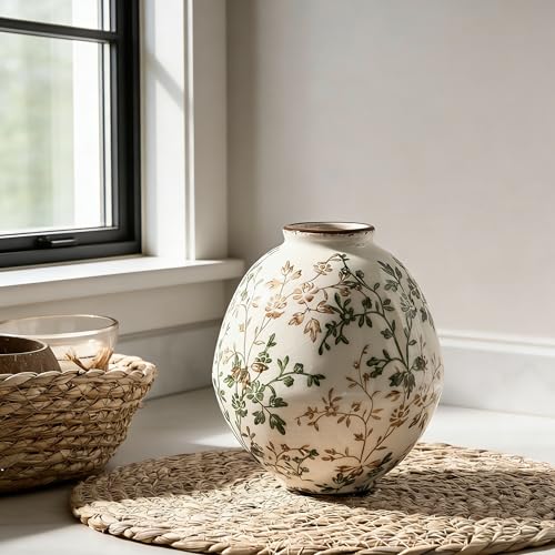 Green and Beige Antique Vase, 5.83 Inch Vintage Chinoiserie Floral Vase, Rustic Ceramic Vase for Home Decor, Living Room, Bookshelf, Office, Entryway, Garden, Chinoiserie Decor, Tuscan Decor - color: Beige and Green- 5.83"