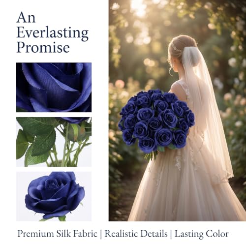 52pcs Navy Blue Roses Artificial Flowers Fake Flowers Silk Roses with Stems for DIY Wedding Bouquets Bridal Shower Centerpieces Arrangements Party Decorations - color: Navy Blue