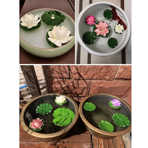 12pcs Artificial Floating Foam Lotus Flower with Fake Lily Pads, Lifelike Ornament Perfect for Home Garden Pond Decor, Indian Diwali Decorations Return Gifts - color: 12 Colourful