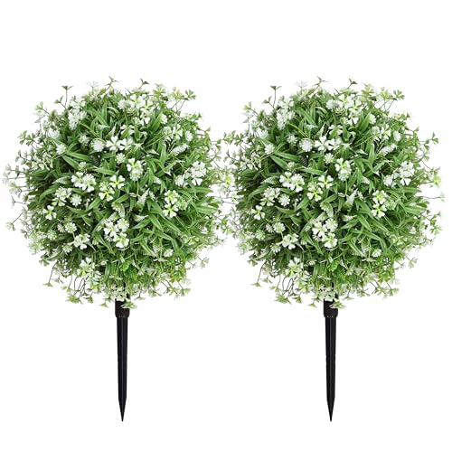 Set of 2 Artificial Boxwood Topiary Ball with Flowers with Ground Spike, 22" Outdoors Faux Boxwood Greenery Shrubs , Realistic Fake Plants Bushes for Front Porch Yard Patio Garden Indoor Decor (White) - size: 22 inch