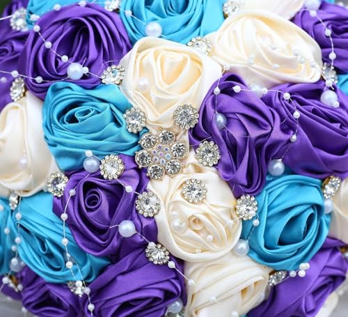 Ujicde Romantic Wedding Bouquet Bridal Bridesmaid Round Bling Brooch Bouquet Throw Toss Artificial Rose Flower Bunch with Sparkle Rhinestone Crystal Decoration(Blue Purple+Cream,Dia. 6.3"*16cm) - color: Blue Purple+cream, size: Dia. 6.3"*16cm