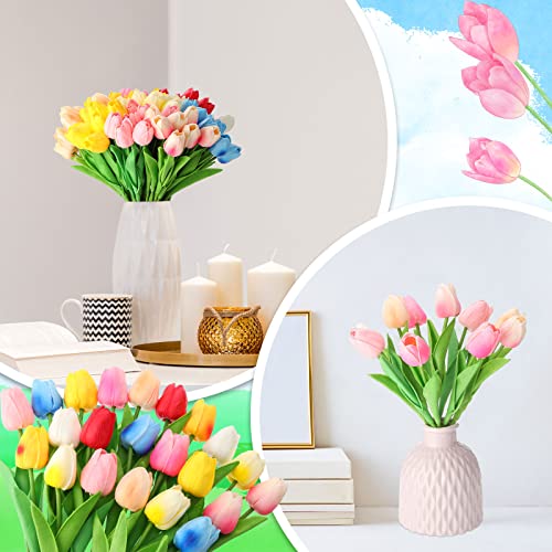 Jexine 100 Pcs Artificial Real Tulips Fake Artificial Tulip Flower Bulk Bouquet with Stem for Table Centerpieces Wedding Bridal Easter Mother's Day Garden Home Decor, 13.4''(Multicolor) - color: Multi Color