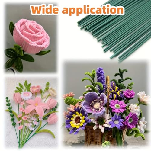 50pcs Floral Wire Stems, 2 Gauge Flower Stems, 16 Inch Green Floral Stem Wire for Paper Wrapped Wreath Making Supplies.