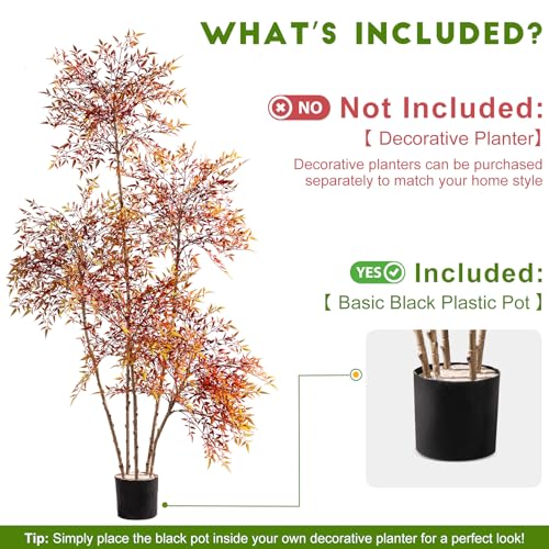 Faux Bamboo Plant Artificial Nandina Tree 7.2FT Artificial Plants Realistic 90% Better Coverage Faux Plant Bamboo Plants Faux Floor Plant in Pot for Home & Office Decor (Red, 7.2ft) - color: Red, size: 7ft 2in
