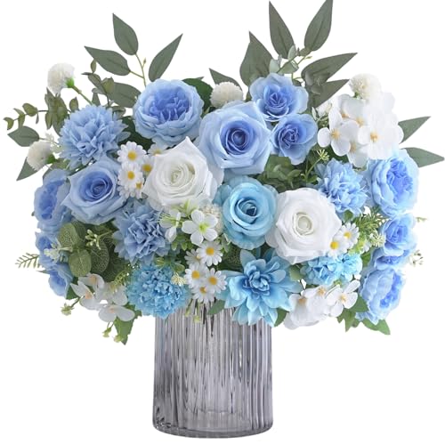 10 Pcs Mixed Artificial Flowers Set, Artificial Peony Bouquet Fake Rose Flower Silk Floral Arrangements for Table Centerpiece Home Wedding Party Bridal Vase Decoration(Blue, 6 Bouquets & 4 Stems) - color: Blue & White, size: Mixed 10pcs