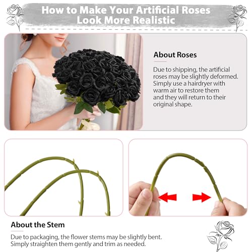 Fanfantoey Black Roses Artificial Flowers Bulk, 52Pcs Fake Roses Flower Arrangement, DIY Silk Flowers Roses Bouquet, Realistic Faux Artificial Roses for Mother's Day Home Table Decor