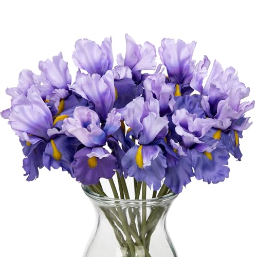 Hollyone Iris Artificial Flowers 15Pcs Faux Iris Light Purple Flowers 14.2" Real Touch Fake Flowers Picks Bouquets for Wedding Bridal Home Arrangements Office Table Centerpieces Decor - color: Gradient Purple