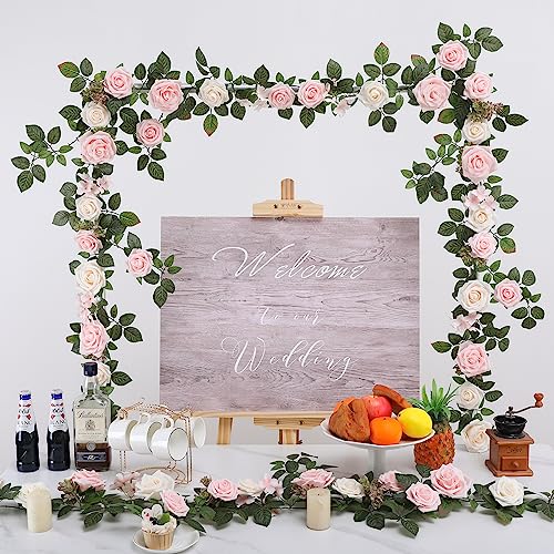 Senseya 5FT Artificial Rose Flower Garland - Blush Pink Fake Floral Vine with Rose Leaves, Runner Rustic Flower Garland for Wedding Arch Backdrop, Table Runner Centerpieces, Party Home Mantel Decor - color: Blush Pink Roses
