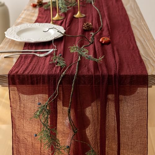 Keketoarrange 3pcs Burgundy Table Runner Red Table Runner Cheesecloth Gauze 120 Inch 10 FT Rustic Boho Cheese Cloth Runner for Wedding Baby Bridal Shower Party Long Sheer Spring Home Decorations - color: Burgundy, size: 35"x120"(Pack of 3)
