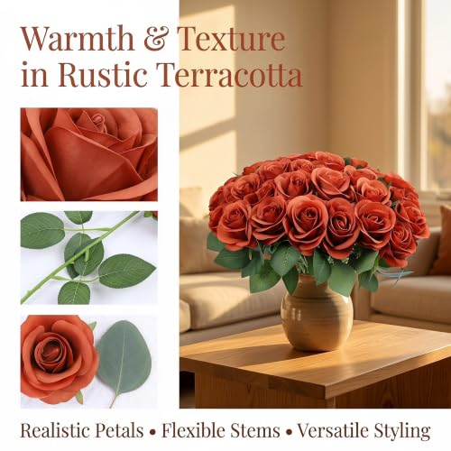 52pcs Burnt Orange Roses Artificial Flowers Fake Flowers Silk Roses with Stems for DIY Wedding Bouquets Home Bridal Shower Centerpieces Arrangements Party Decorations - color: Burnt Orange
