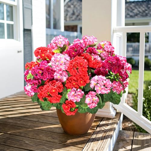Fake Geraniums Artificial Flowers for Outdoors, 6 Bundles Silk Geraniums Flowers Realistic UV Resistant Fake Plants Faux Flowers for Outside Planters Front Door Garden Balcony Yard Porch Indoor, Mix - color: 2 Red, 2 Fuchsia, 2 Pink