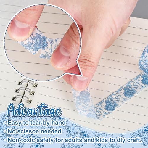 Whaline 12 Rolls Blue Toile Floral Washi Tape Chinoiserie Flower Decorative Paper Masking Tape for Gift Wrapping DIY Craft Journal Scrapbook Envelope Party Decor - color: Blue