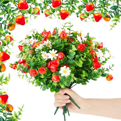 10 Pack Artificial Strawberry Branches Decoration Fake Strawberry Stems with Green Leaves and Daisies for Farmhouse Home Wedding Birthday Table Centerpiece & Party Arrangement - style: Strawberry