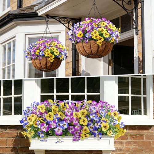 Artificial Pansies Flowers for Outdoor Faux Flower Spring Summer Decor, 12 Bundles Realistic Fake Silk Flowers Outside UV Resistant for Porch Patio Garden Home Window Box Planters Purple Mix - color: Purple Lilac Yellow