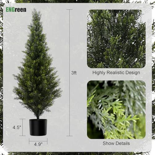 Artificial Cedar Topiary Trees 3FT Tall 2 Set,Outdoor Indoor Realistic Faux Pine Plants,Fake Outdoor Plant Fake Trees for Front Porch Garden Decor