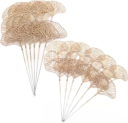 PASYOU Fake Golden Apricot Leaves Plants Artificial Gold Ginkgo Leaf Stems for Christmas Decor, Faux Plastic Sticks Picks Indoor Outdoor Home Wedding Party Event Xmas Ornaments DIY Decoration 12 Pcs - color: Gold Ginkgo Stems - 12 Pack