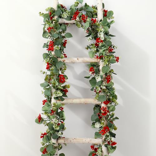 2Pack Eucalyptus Flower Garland with Violet 5.9Ft Artificial Ivy Greenery Hanging Vine Fake Ivy Floral Plants Garland for Wedding Outdoor Garden Party Background Table Runner, Total 11.8Ft, Red - color: Red Violet